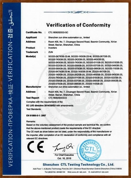 Chiny Shenzhen zk electric technology limited  company Certyfikaty